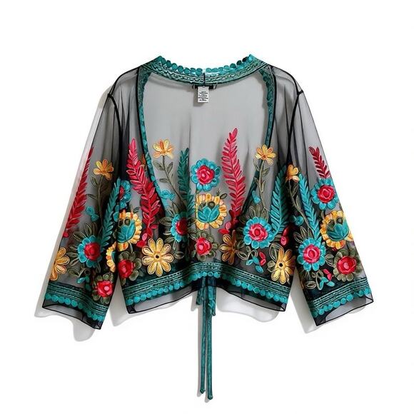 Rachel Zoe Embroidered Mesh Kimono One Size Sheer Floral Boho Resortwear Festiva - Picture 1 of 10